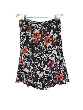 Chico's 100% Silk Black Floral Midi Skirt Y2K Flutter Hem A-Line Godet Sz M